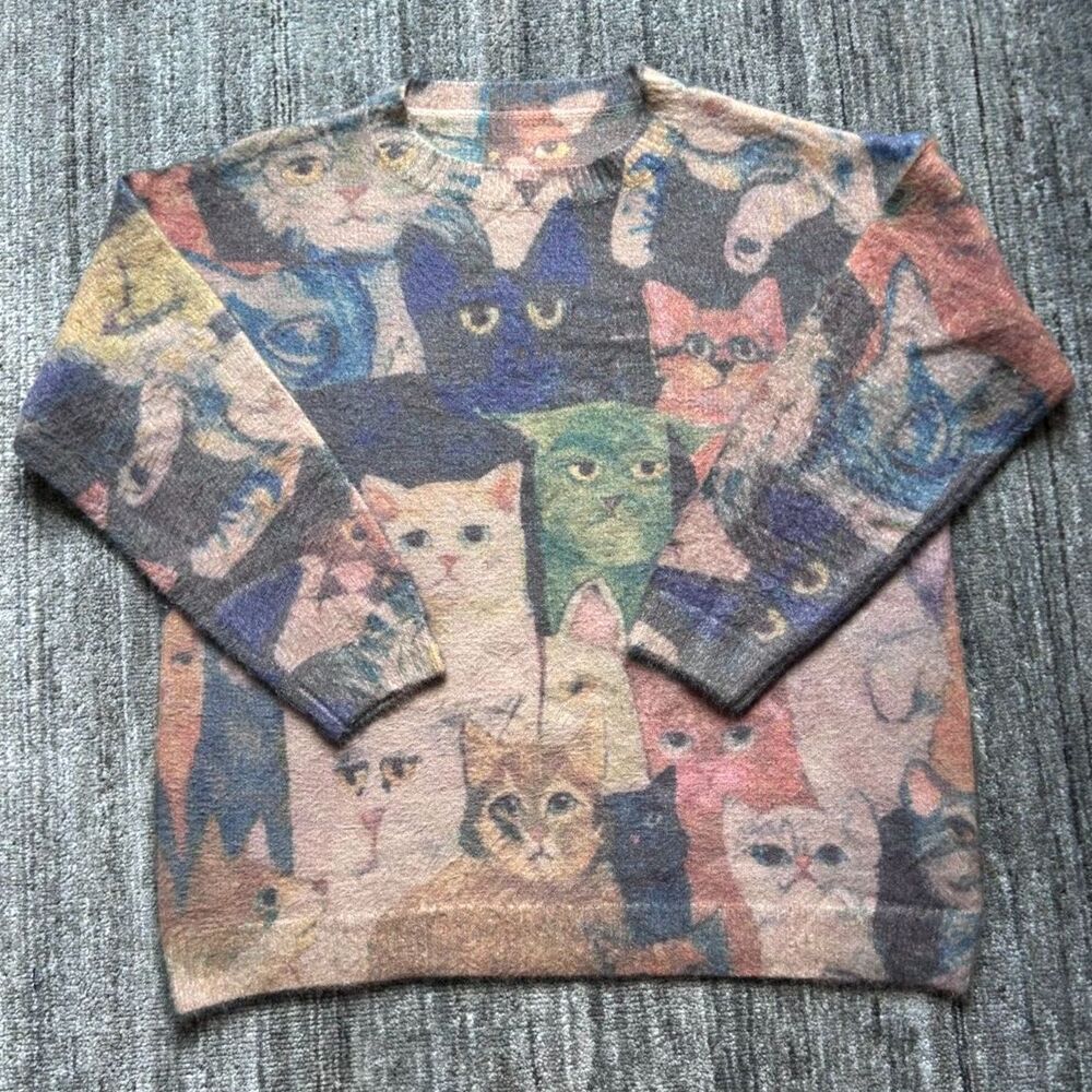 Wool Blend Cat Crewneck Sweater L